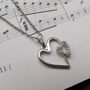 Silvertone Double Heart Pendant Necklace